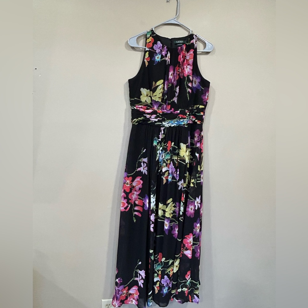 Polo by Ralph Lauren Black Maxi Dress with Multicolor Floral Print Size 12